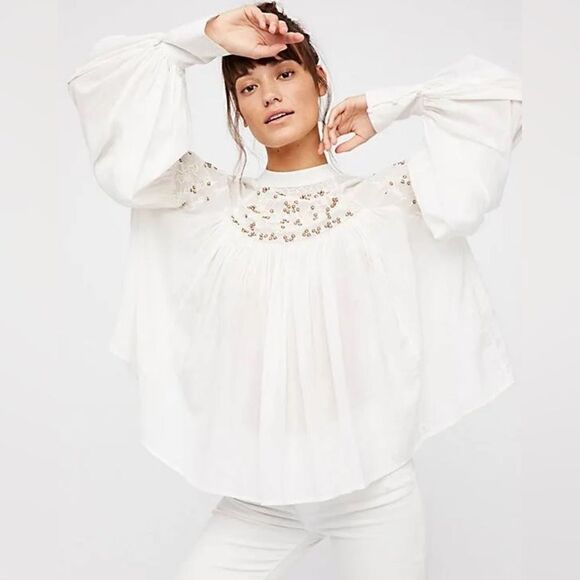 Free People Have It My Way Embroidered Top in Ivory-Bohemian Hippy Blouse